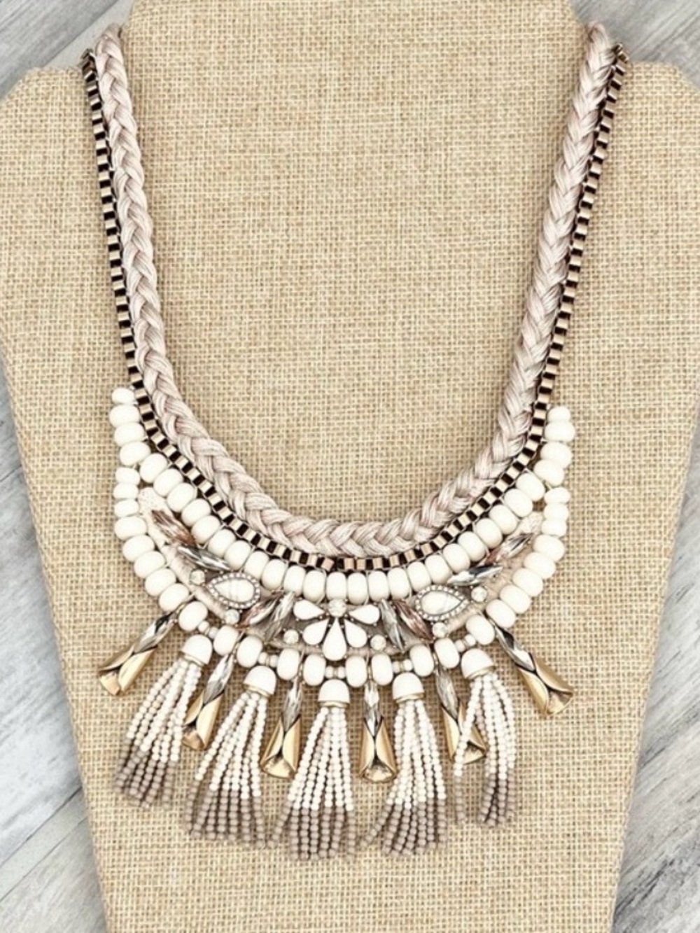 Stella & Dot Cream and Gold Fringe Bib Necklace